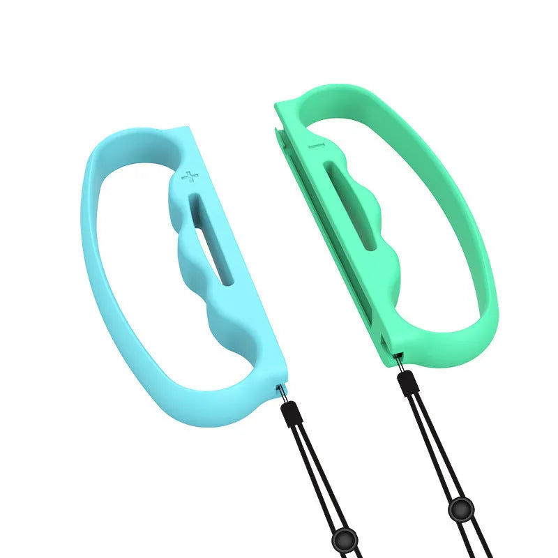 Two Joy-Con controller grips with hand ropes in black and blue red colours