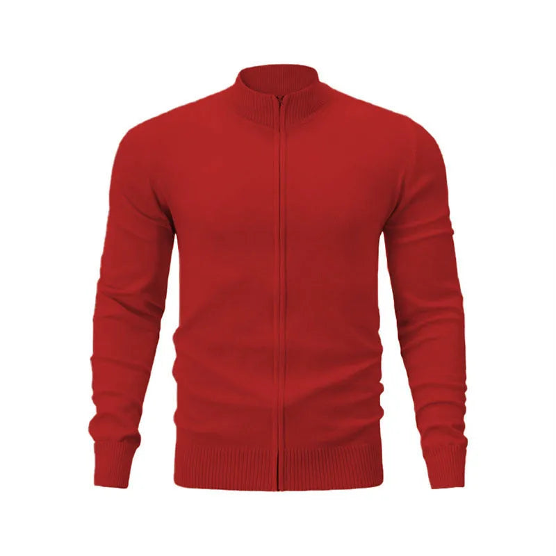 Men's cotton zip-up cardigan with stand collar in loose fit available in seven solid colours