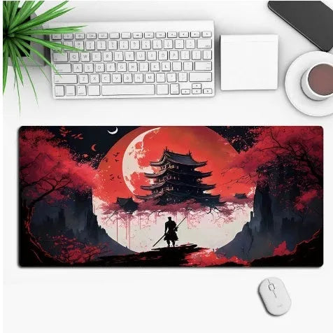 Anime-themed gaming mouse pad on a desk with non-slip rubber cloth base.
