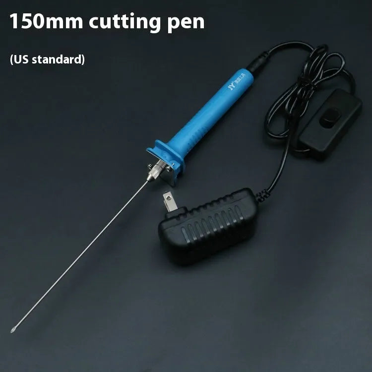 Blue electric heating cutter pen for cutting foam and polystyrene boards on a work surface