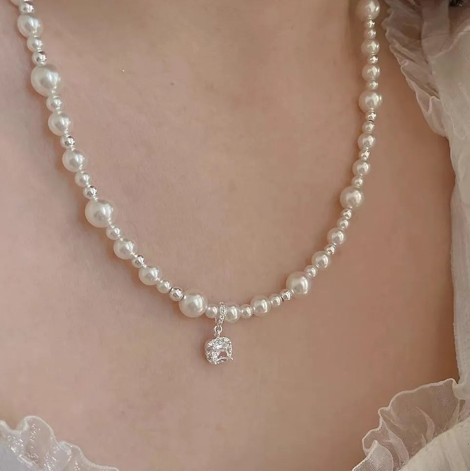 Cube sugar pearl necklace with star copper pendant on pearl chain