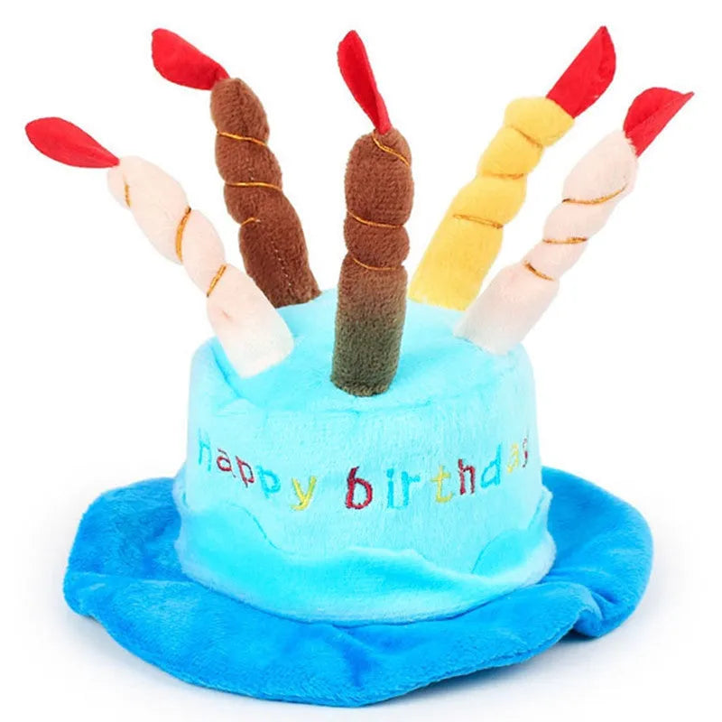 Blue and pink birthday hats for toy dogs showing 21cm width measurement