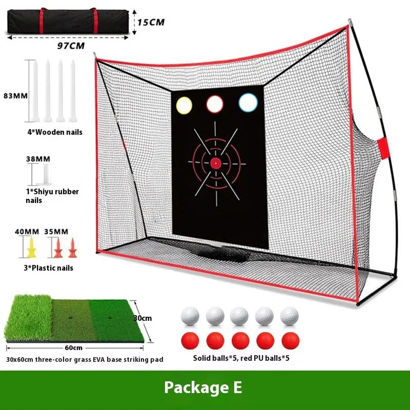 Golf wedge training net with 3-hole target design and straw practice mat including practice balls and tees