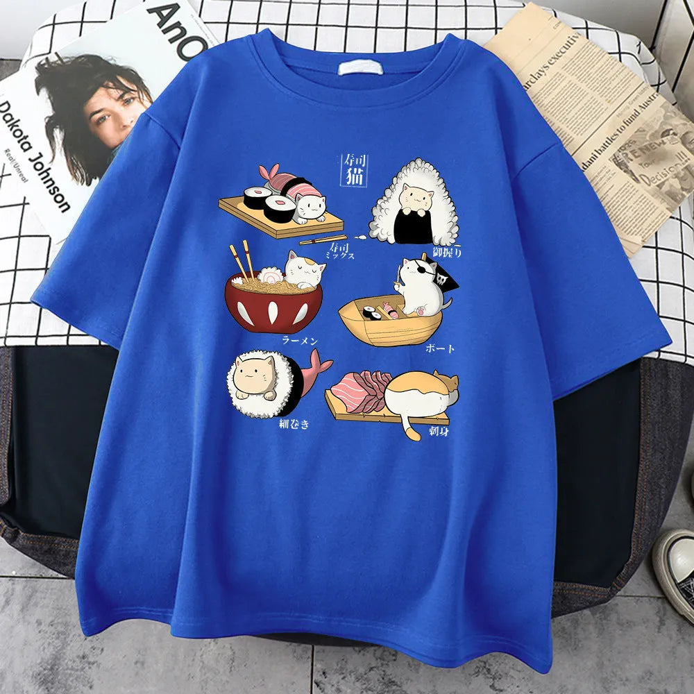 Men's loose fit cotton T-shirt with cat sushi cartoon print in multiple colour options