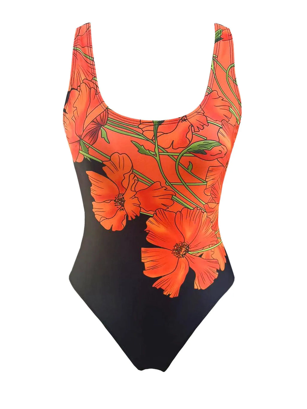 Women's backless one-piece swimsuit with orange flowers print and slim fit
