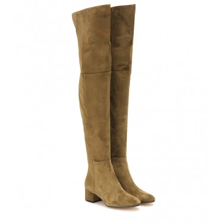 Grey suede women's over-the-knee boots with a pointed toe and flat low heel.