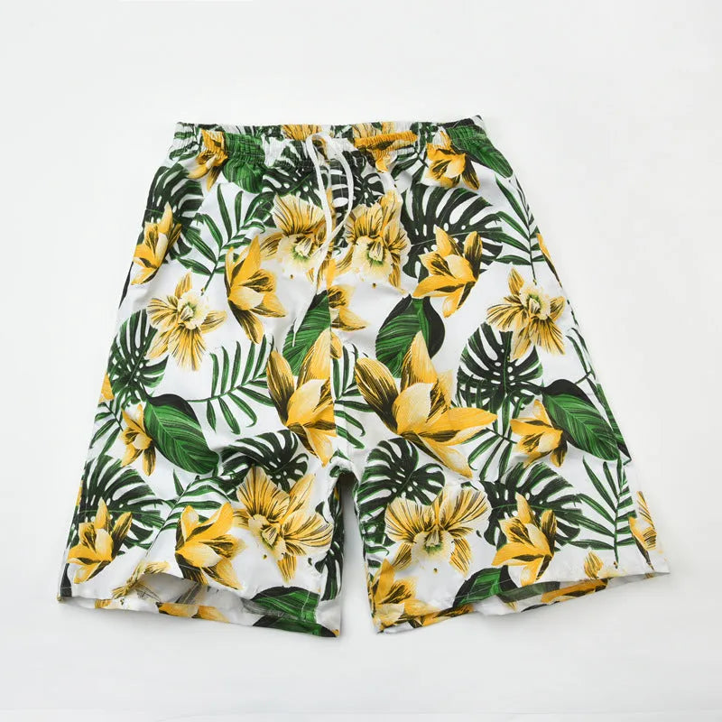 Men's casual floral print five-point swimming trunks made from polyester fabric.