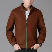 Men's grey polyester fleece jacket with long sleeves and a stick pocket, shown on a hanger.