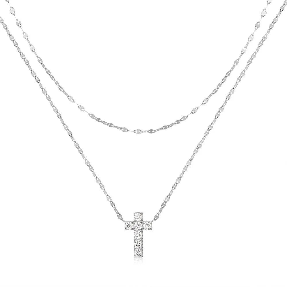 925 sterling silver double layer twin diamond cross necklace on clavicle chain