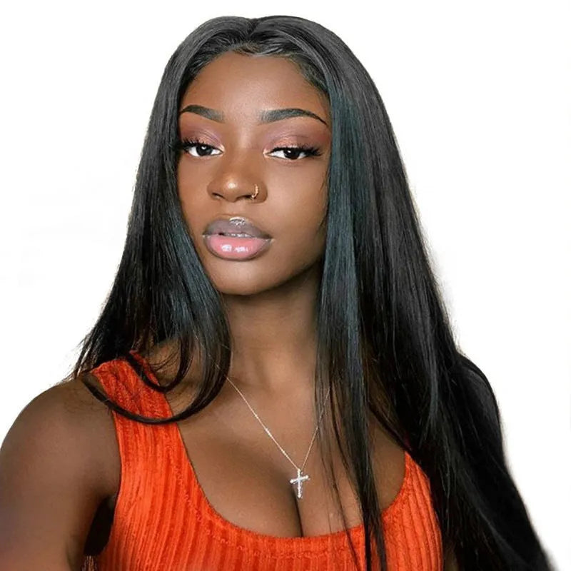 Women's long straight synthetic wig with centre part and bangs in black colour