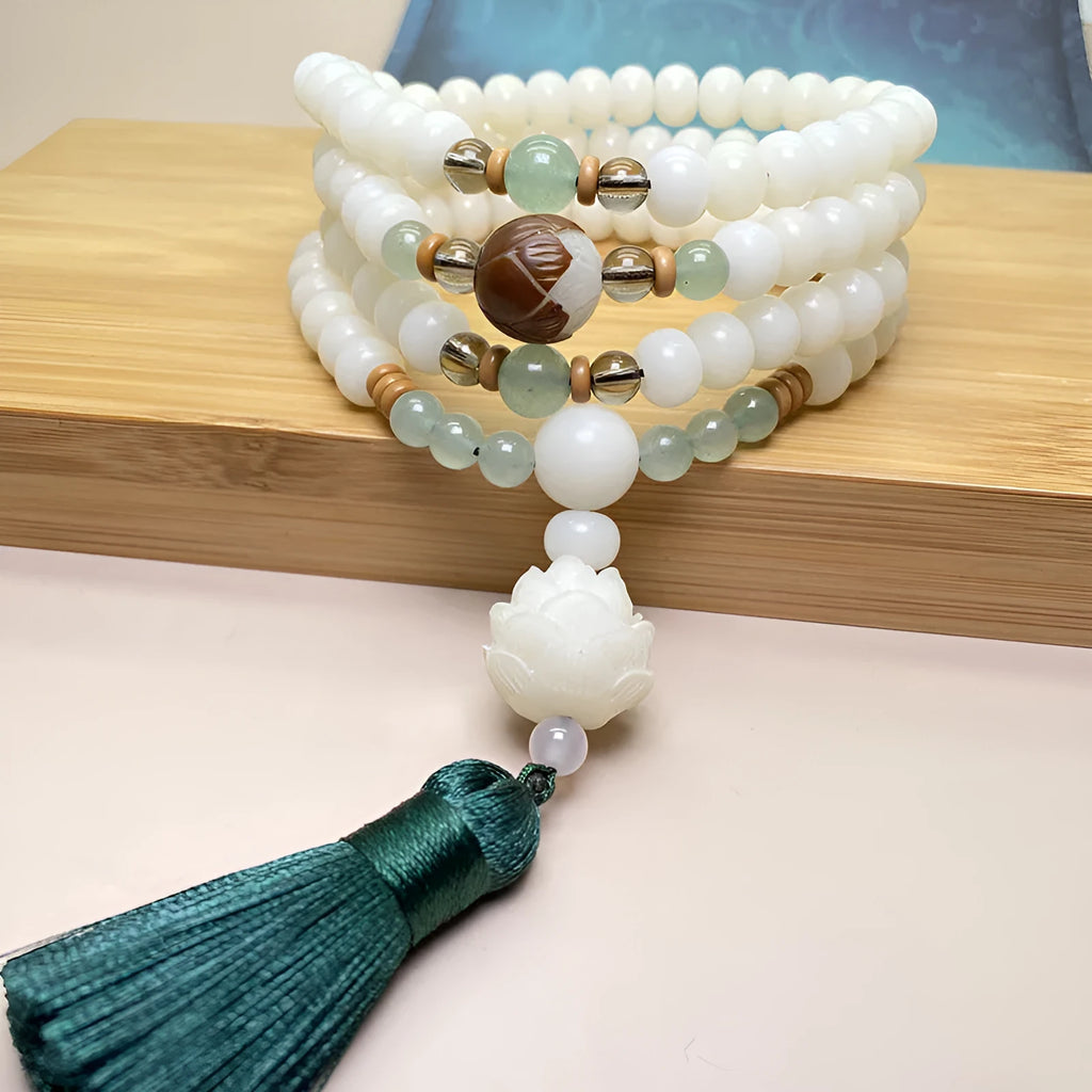 White Jade Bodhi bracelet with 108 beads showing three different style pattern options