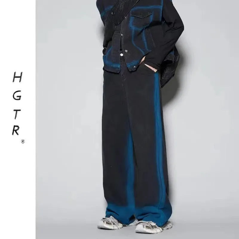 Blue distressed vest and jeans two-piece suit with spray colour gradient and fleece lining.