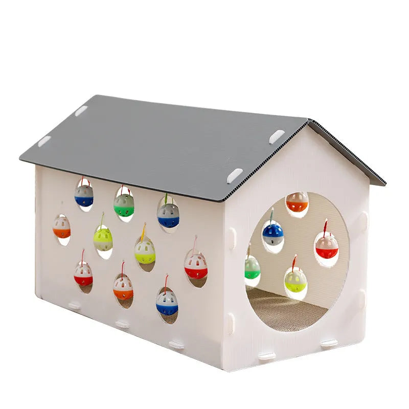 House-shaped cat scratch board with integrated bell ball and plastic tunnel forming multifunctional cat furniture