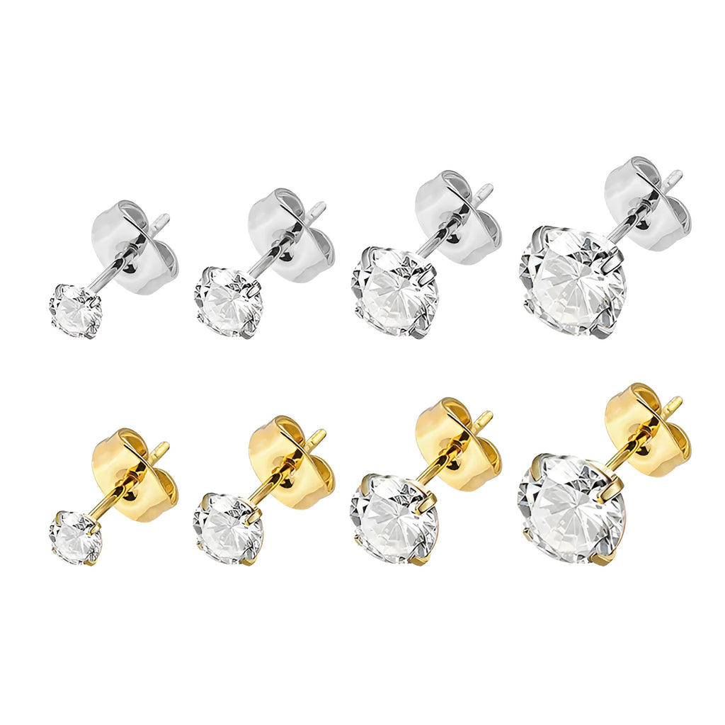 Square geometric titanium steel stud earrings with sparkling zircon stones in gold and steel colour.