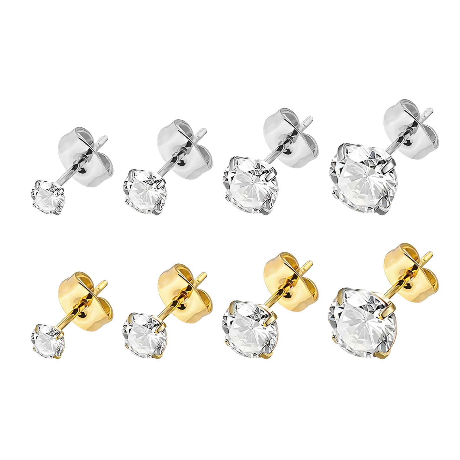 Square geometric titanium steel stud earrings with sparkling zircon stones in gold and steel colour.