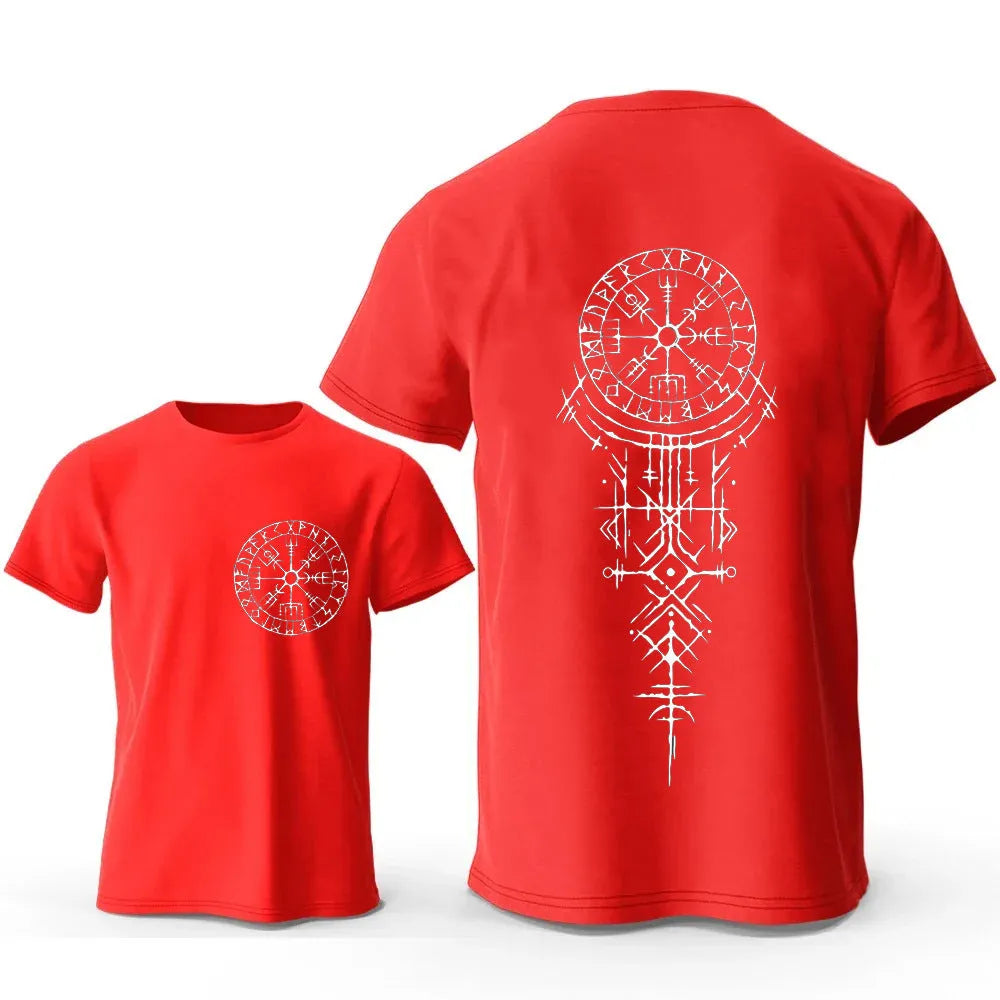 Front view of a men's pure cotton T-shirt featuring a detailed Viking rune compass graphic print.