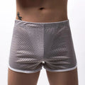Men's three-point boxers in black, gray, and blue showing breathable knitted cotton nylon fabric and mid-waist fit.