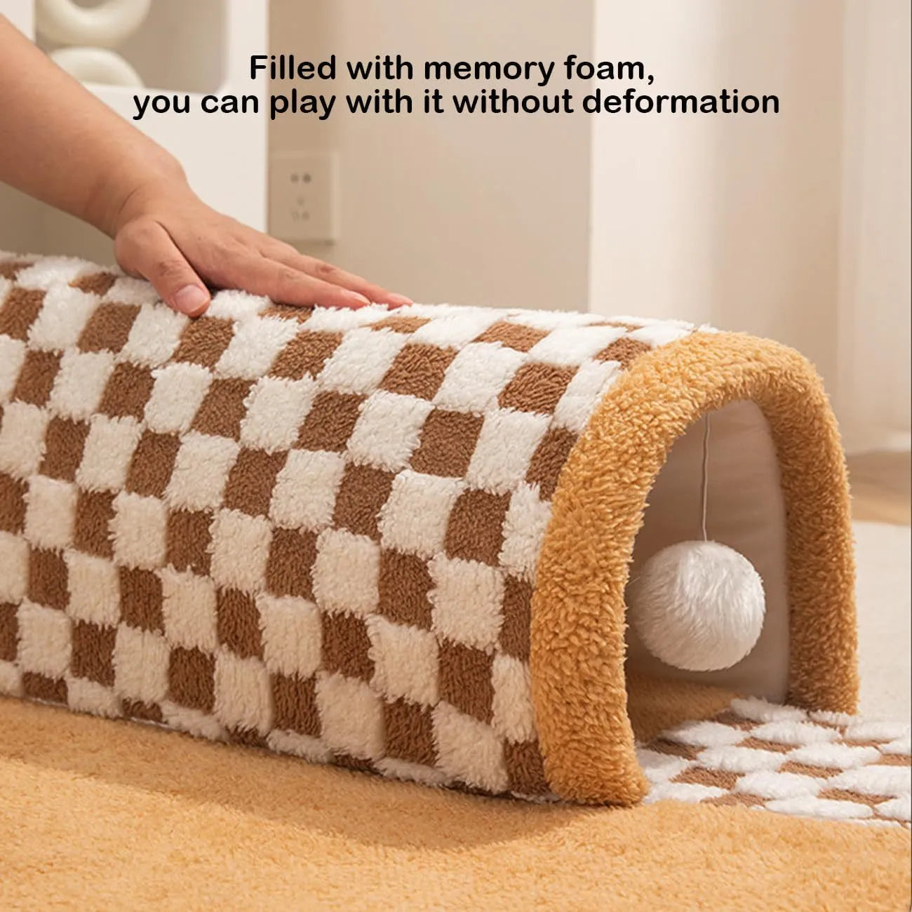 XL fan-shaped plush pet bed with integrated tunnel in coffee colour with plaid pattern