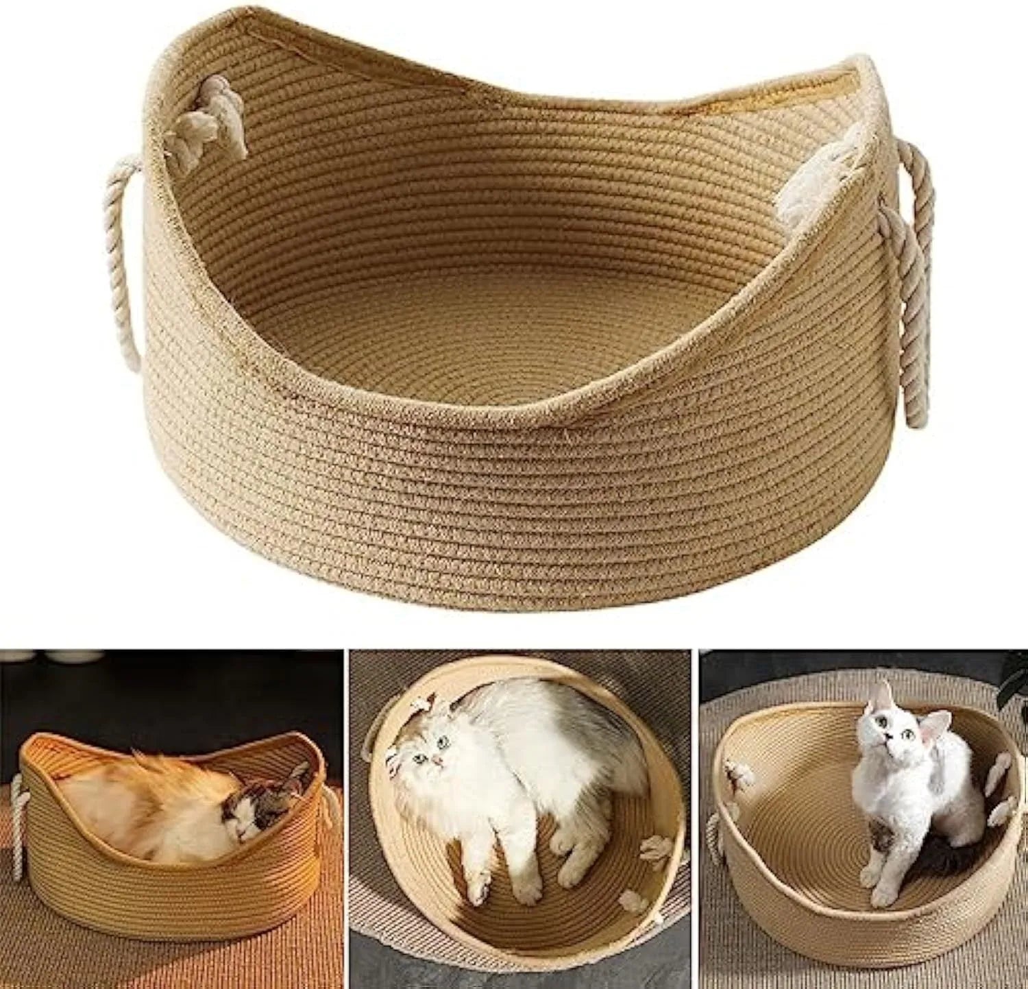 Rectangular wicker cat bed basket with corrugated scratching side, shown in small and large size options.