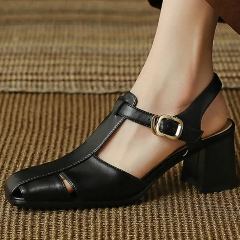 Hollow Retro Closed Toe Chunky Heel Sandals for Women in Dark Brown and Black, Sizes 35-40, Princess Style, Rubber and Leather Construction, Ideal for Everyday and Event Wear