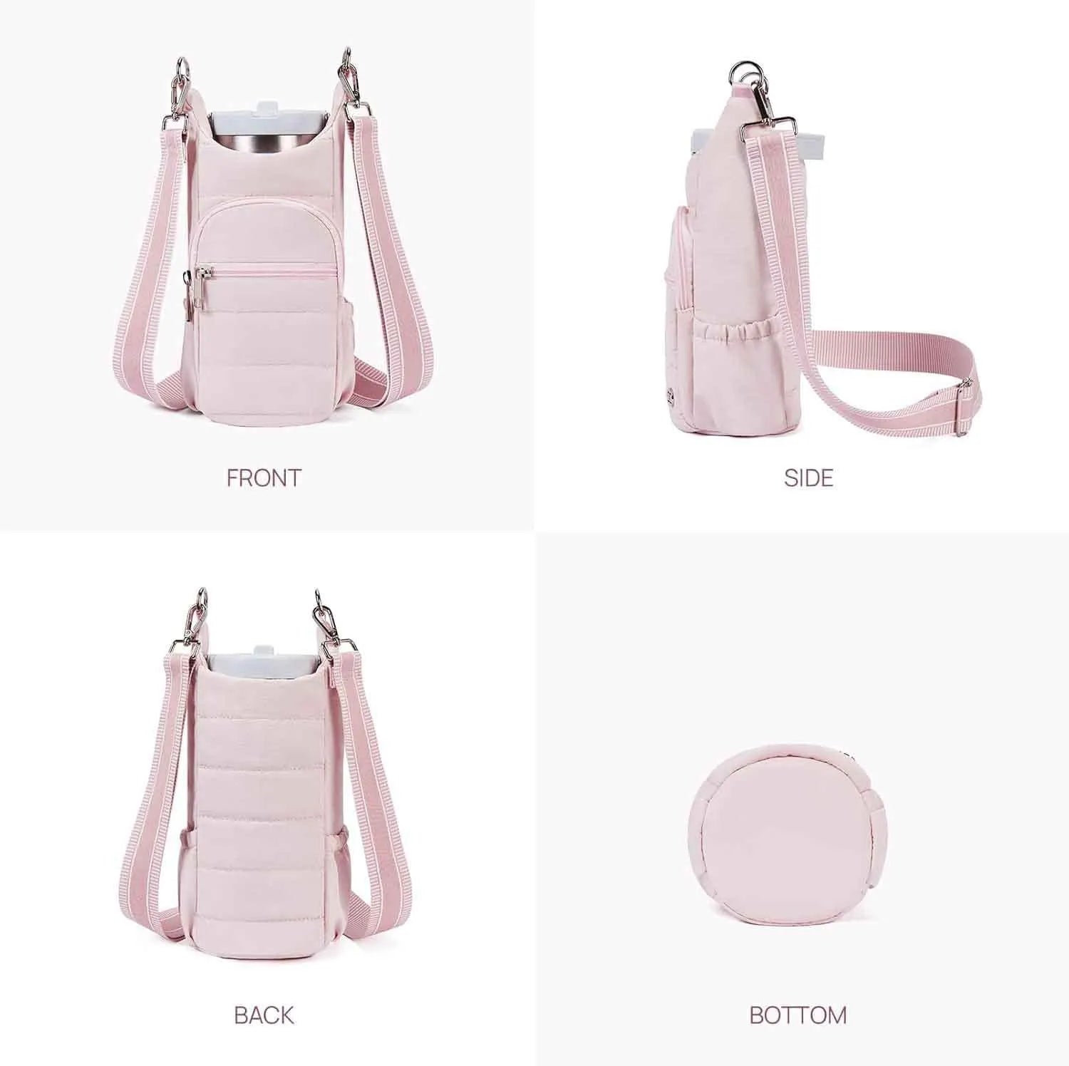 Cloth water bottle bag for bicycle frame mounting in black, pink or beige colours