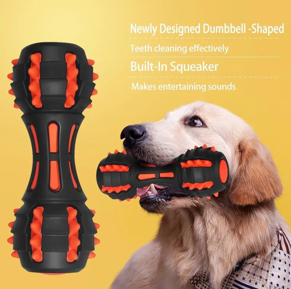 Red dumbbell-shaped dog chew toy with natural rubber construction for aggressive chewers