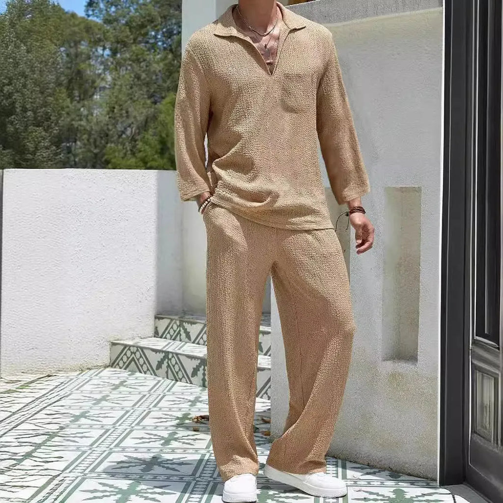 Men's casual shirt and trousers commuter suit set in polyester, shown in lake blue colour