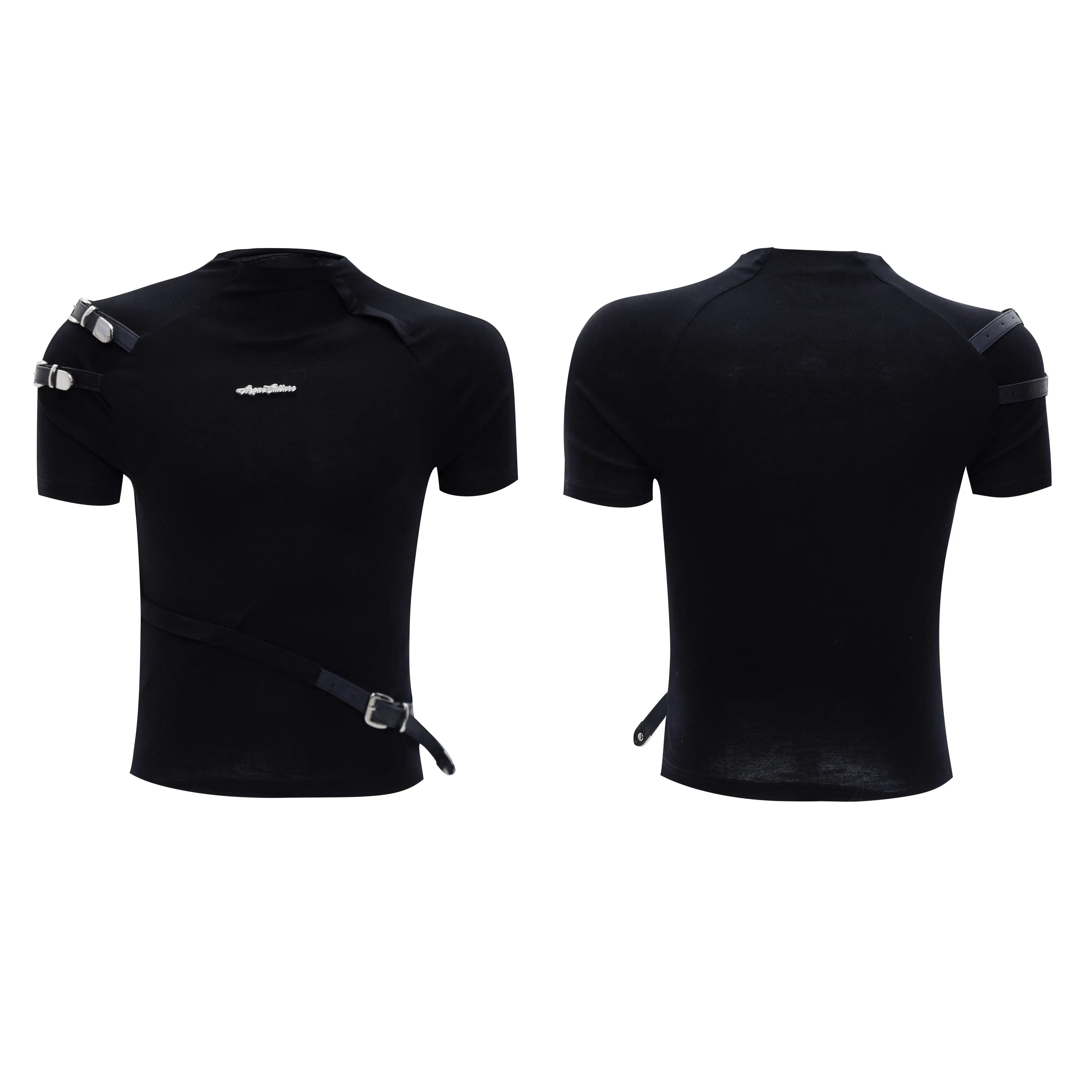Men's black cotton T-shirt with metal belt design detail and stand-up collar in slim fit