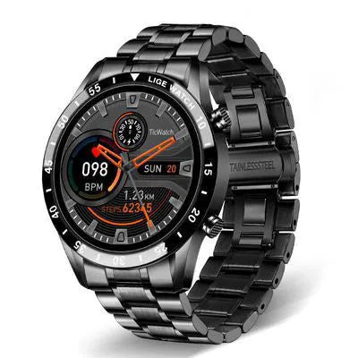 Stainless steel smart watch with black wristband and 1.3 inch touch screen display