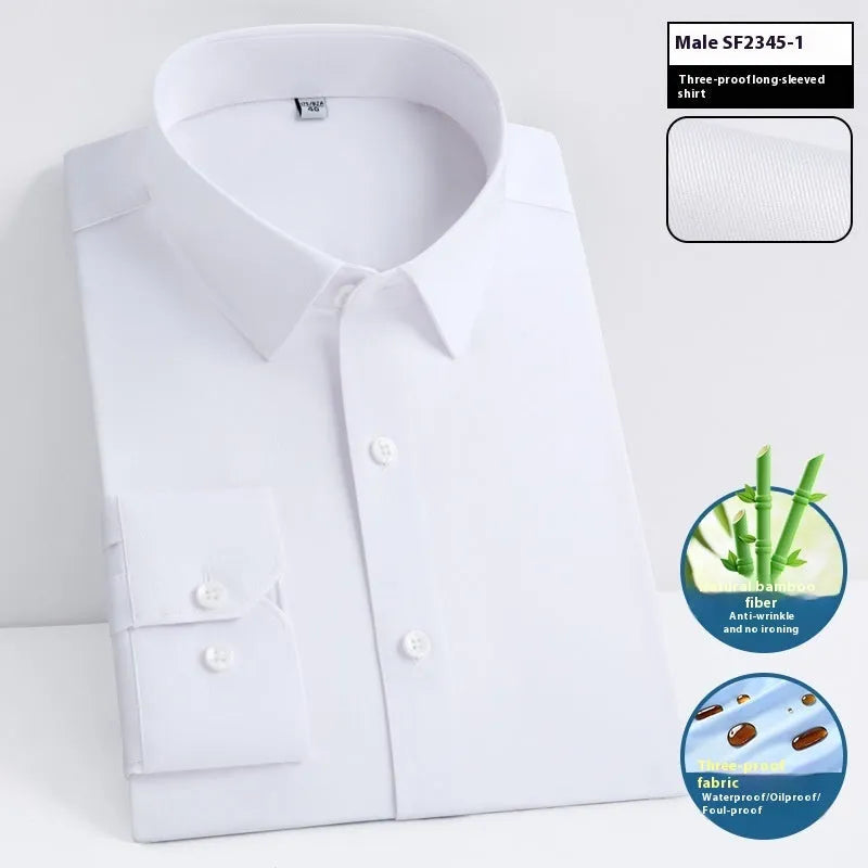 Men's slim fit waterproof bamboo fibre dress shirt with square collar and long sleeves.