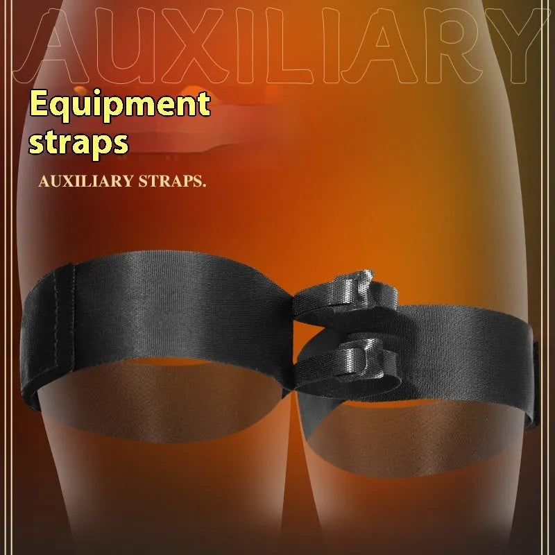 Black knitted belt strap sex toy laid flat, showing adjustable fastening mechanism.