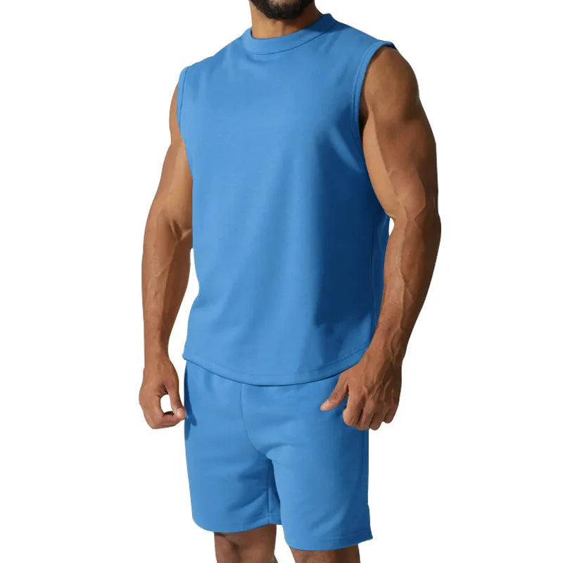 Men's solid colour sleeveless sports top and matching casual shorts set on a hanger