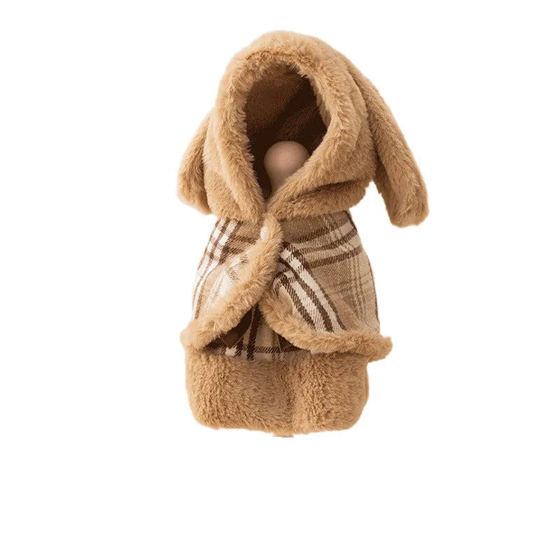 Two-piece dog clothes set with hooded cape and dress in black colour featuring velvet bow