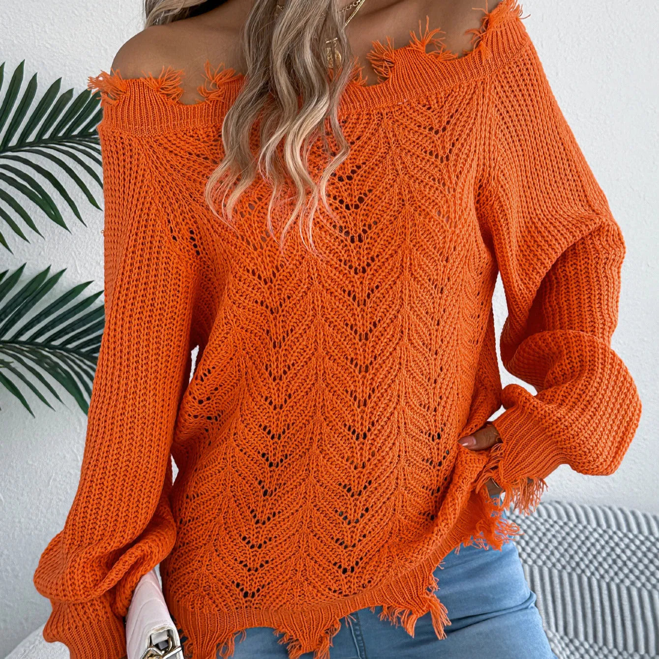 Hollow-out long-sleeved cut off-the-shoulder pullover sweater in artificial wool knit fabric