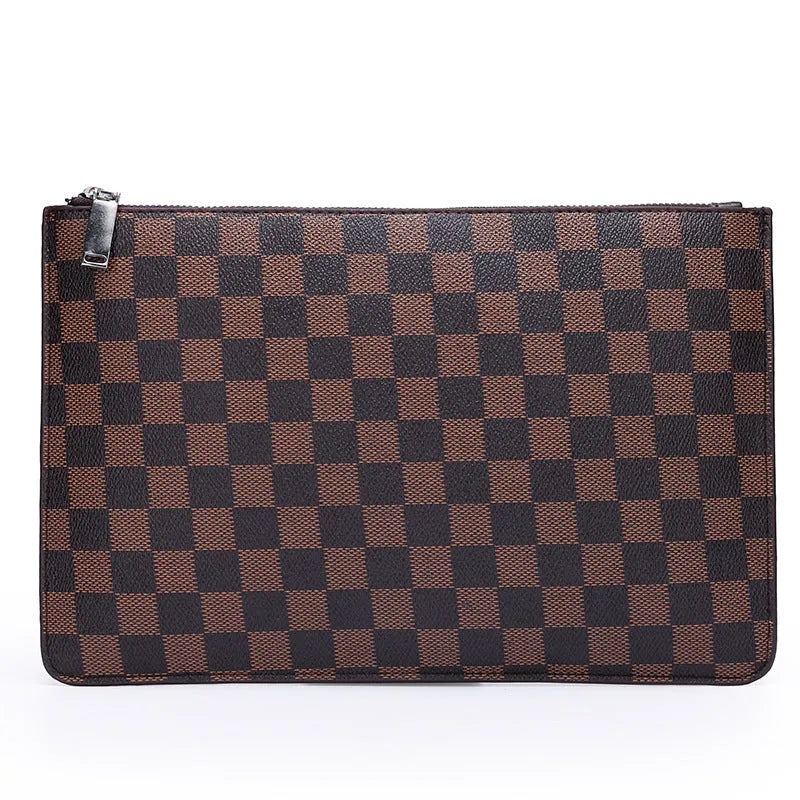 Men's soft black checkered PU leather clutch wallet showing card slots and zipper pocket