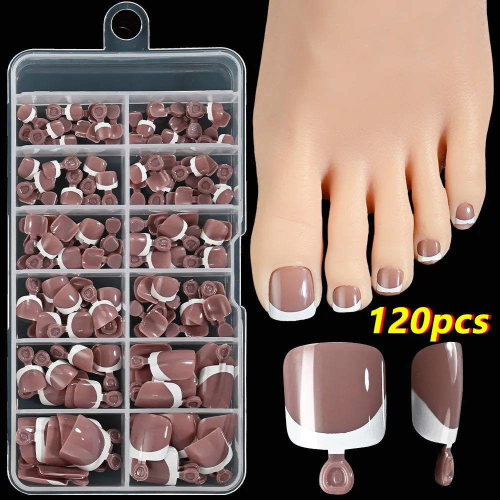 120-piece box of full square short French white tip nude press-on toenails in assorted shades