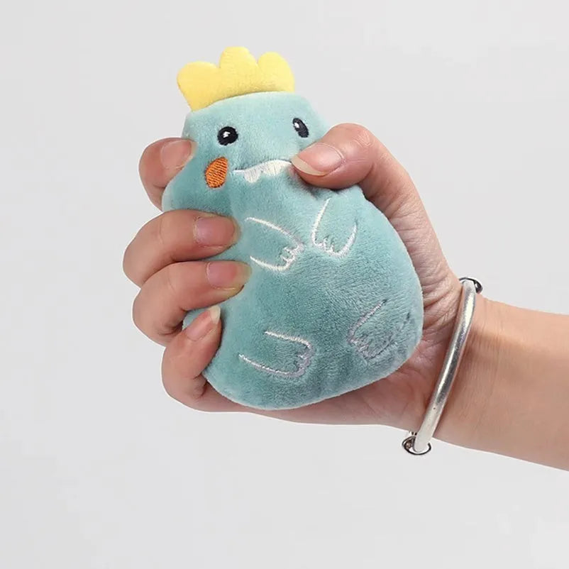 Small plush catnip toy with vocal feature for feline teeth grinding and claw play