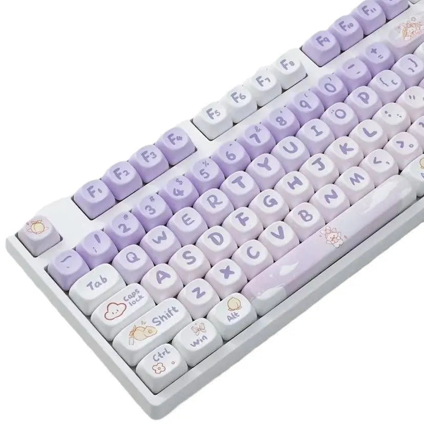 Close-up of a gradient purple and white rabbit design on a PBT mechanical keyboard key cap.