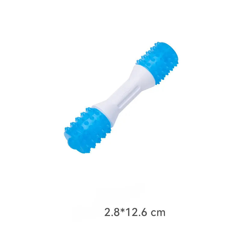 Dual-colour TPR rubber puppy teething chew toy for moderate chewers, shown in sizes small, medium, and large.