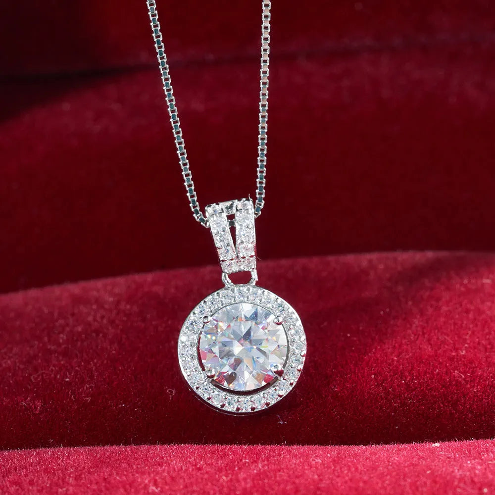 S925 sterling silver moissanite necklace with 1 karat round stone U-shaped setting