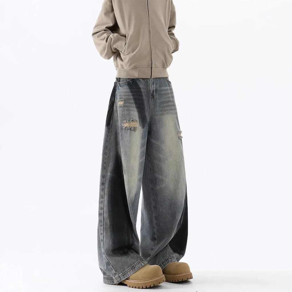 Men's American-style splash-ink ripped machete blue cotton jeans with loose fit