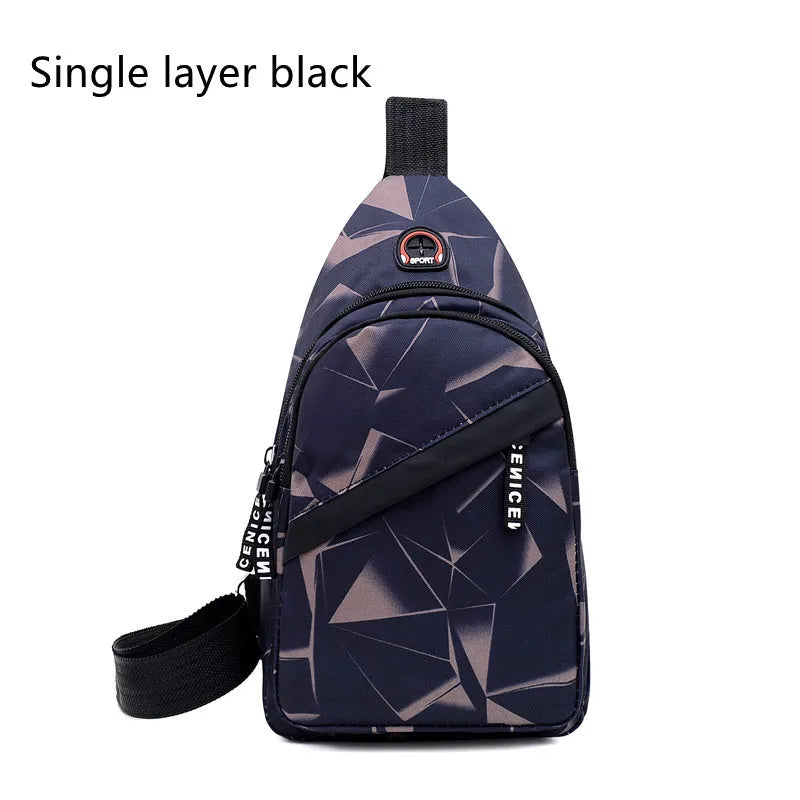 Men's blue Oxford cloth crossbody sling bag with earphone hole design showing zipper opening and letter print detail