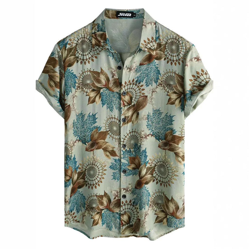 Hawaiian floral print short sleeve lapel cardigan shirt with elastic polyester fabric