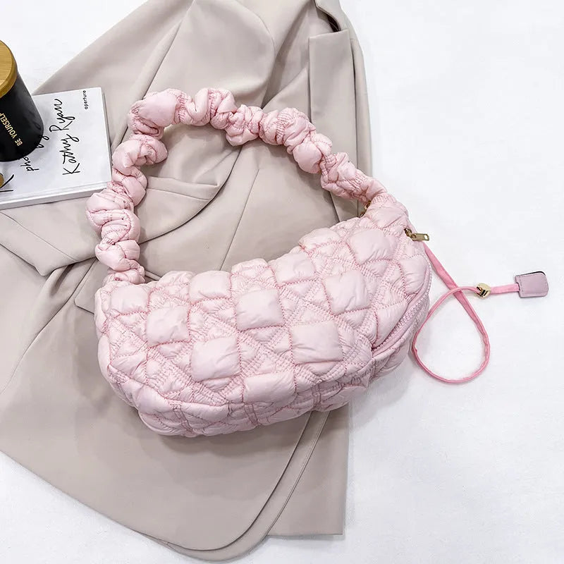 Women's nylon shoulder messenger bag in a solid colour with a long strap, showing front view.