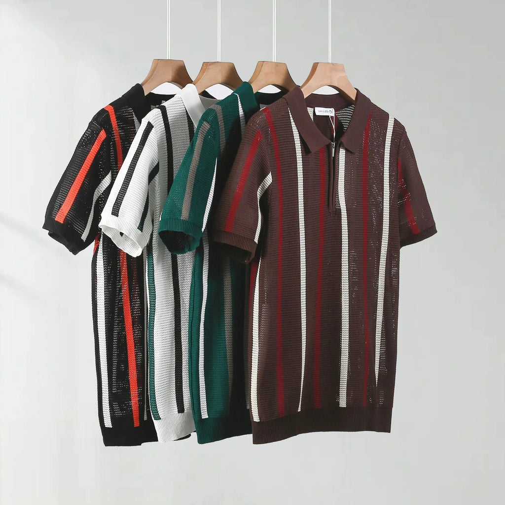 Short-sleeved polo shirt in hollow mesh ice silk fabric with decorative zipper detailing