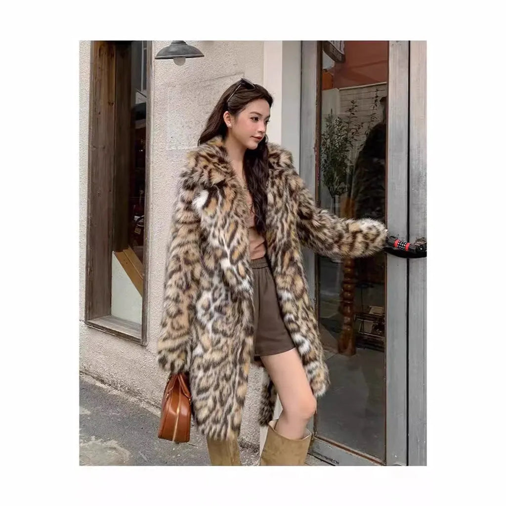A woman wearing a long plush faux fur coat with a detachable fur collar and pockets, shown in a street fashion setting.