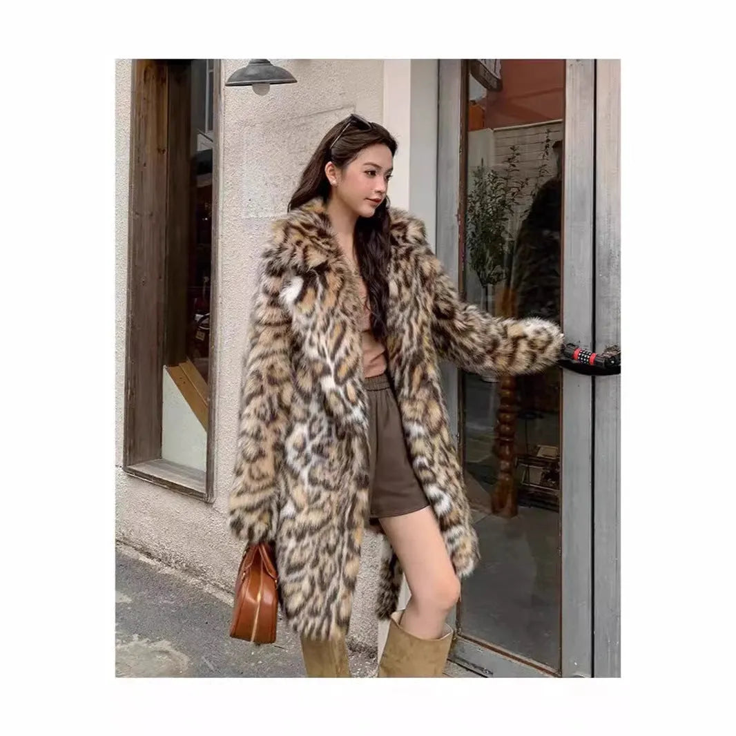 A woman wearing a long plush faux fur coat with a detachable fur collar and pockets, shown in a street fashion setting.