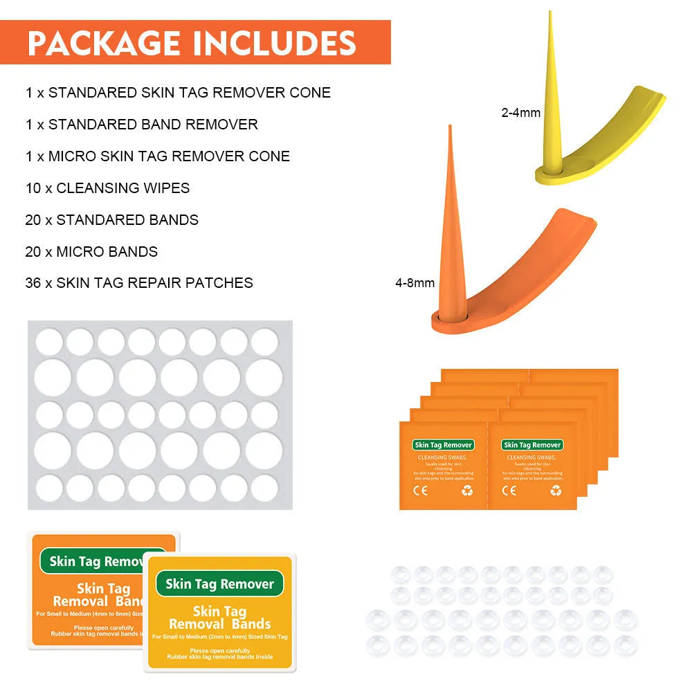 Orange mole removal tool kit with two devices, cones, rubber rings, alcohol swabs and repair sticker