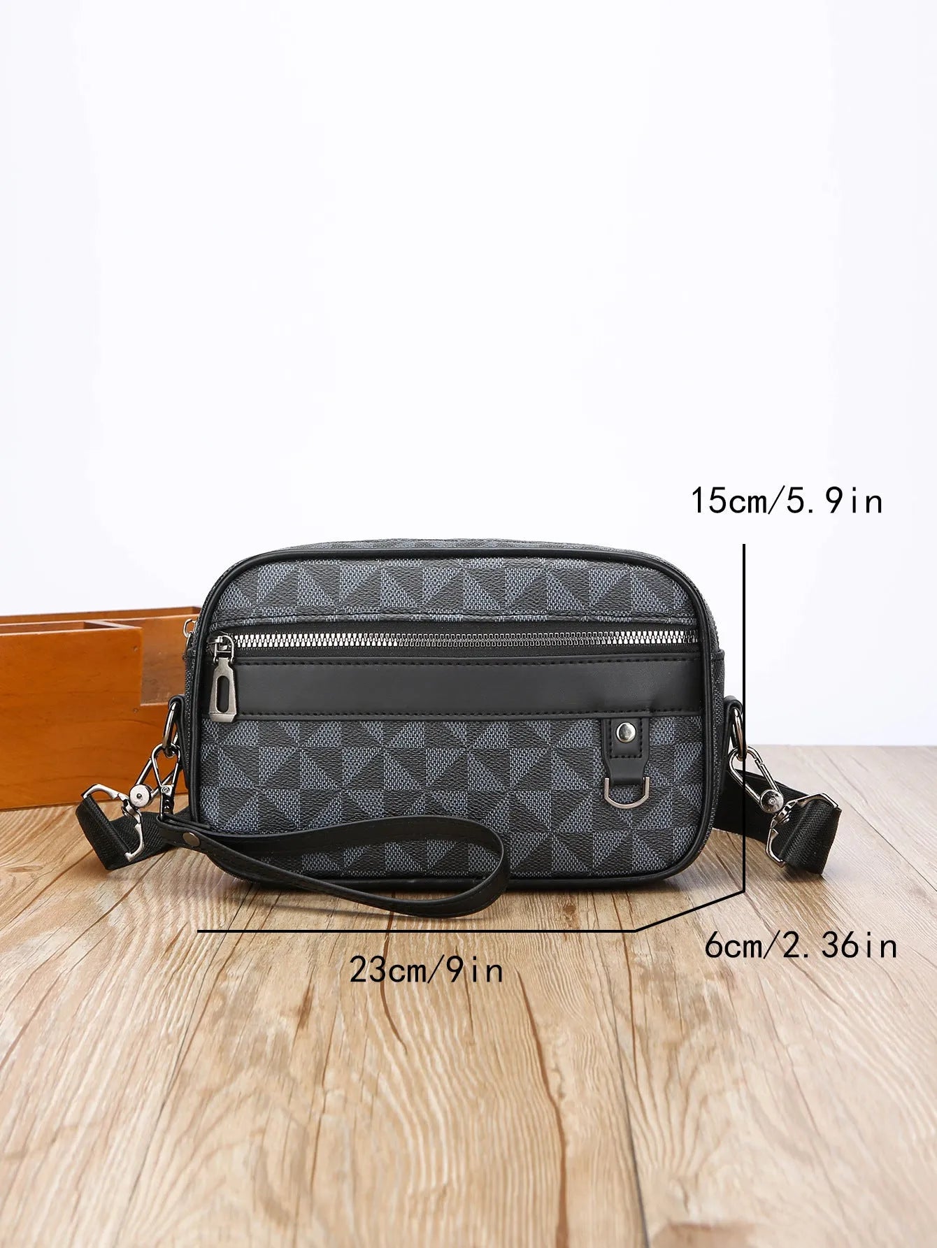 Men's geometric pattern messenger bag with shoulder strap and handheld option in black colour