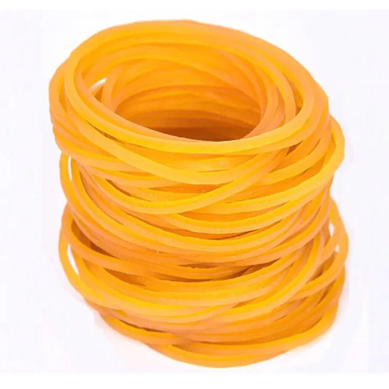 500g pack of assorted yellow rubber bands showing sizes from 16mm to 70mm diameter.